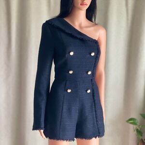 NWT‎ Misha Collection Tricia Romper Playsuit Navy Blue Tweed One Shoulder Size 2